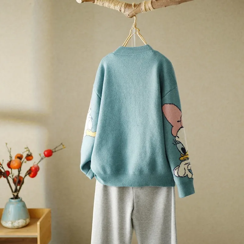 Disney Duck Long Sleeve Autumn Winter Cardigan Jumper Top Turtleneck Pullovers Casual Sweaters Women  Loose Sweater Girl