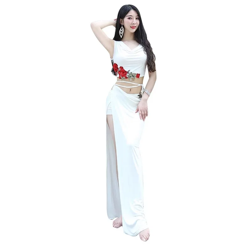 Costume de danse du ventre personnalisé, tenue d'entraînement, tenue de spectacle de danse orientale Sexy, vêtements de danse modaux Rose brodés pour femmes