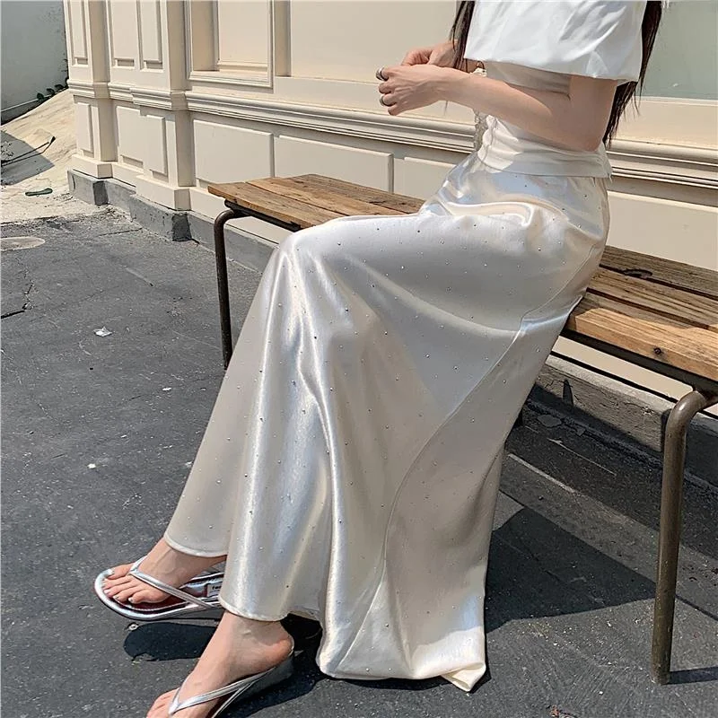 Inig paillettes Fi queue jupe taille haute coupe ajustée drapée a-ligne Ele jupe longue femmes été nouveau Sle Polyester Fiber