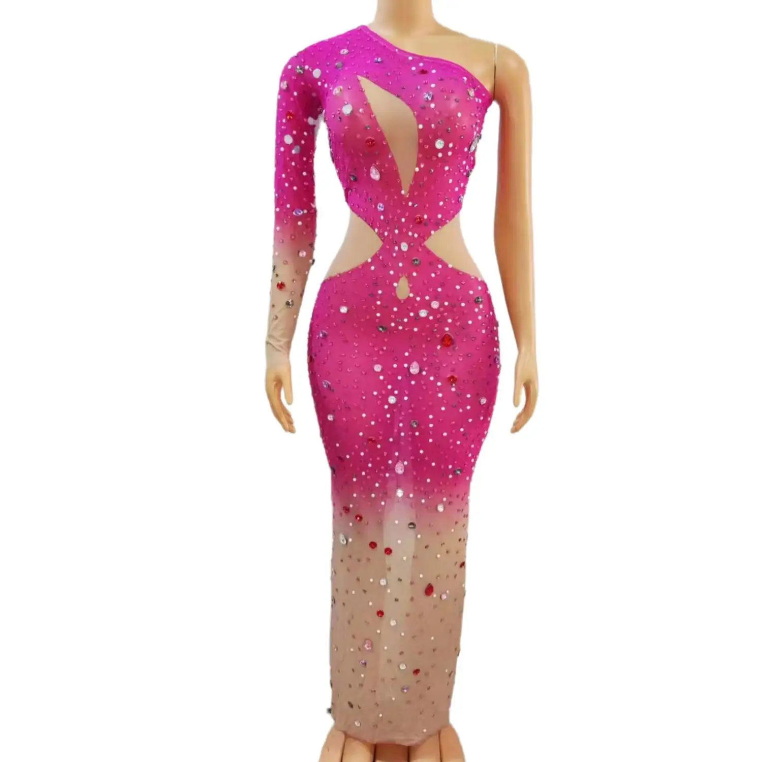 Jianjian Luxury Gradient Fuchsia To Skin Tone Sheer Mesh Crystal Midi Gown Single Long Sleeve Hollow Torso Nightclub Rave Outfit