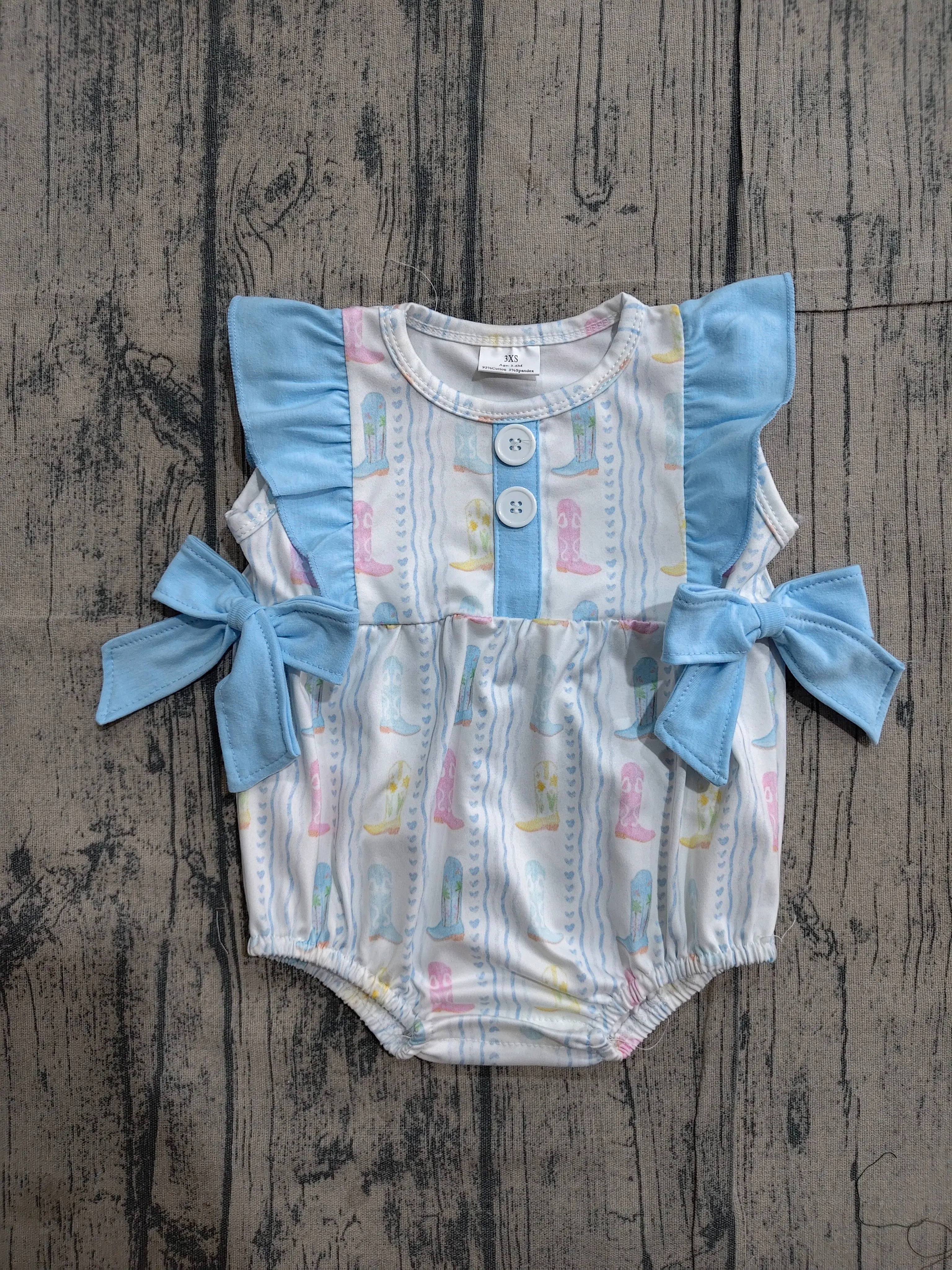 Wholesale Kid Toddler Blue Bows Bubble Romper Children Girls Clothes Newborn Infant Western Boots Coverall Baby Girl Bodysuit
