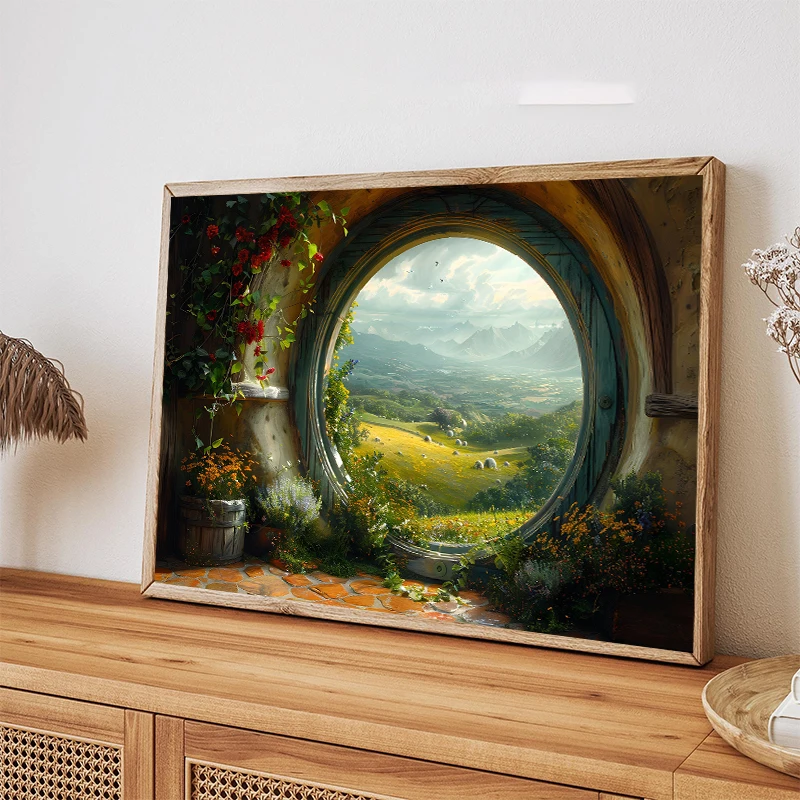 H-Hobbit House Canvas Painting Art Print, Shire Landscape Wall Art, Nature Countryside Fantasy for Living Room Home Decor