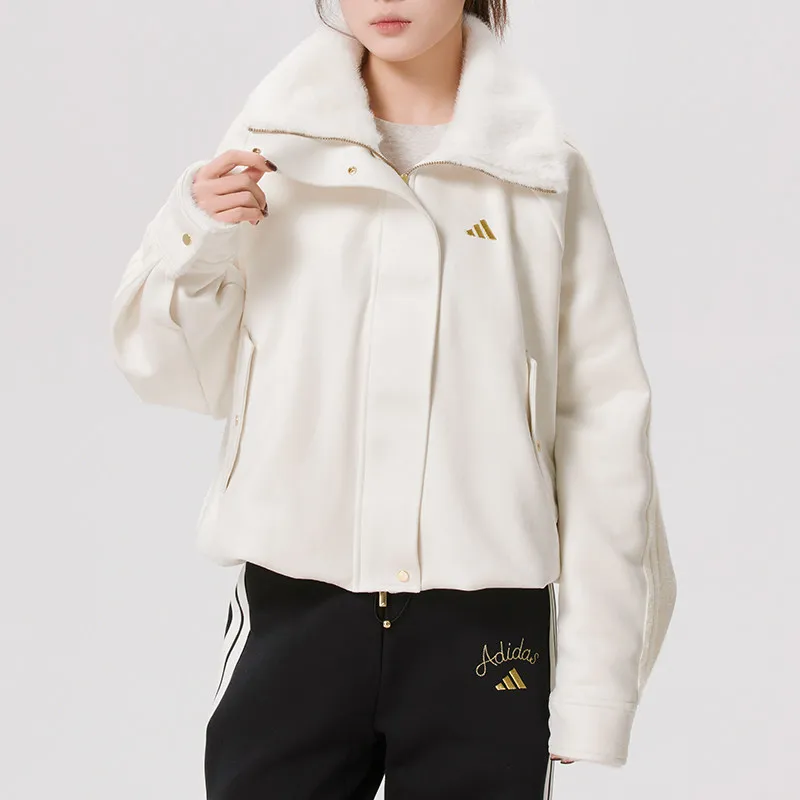 Women Fleece Lined Knit Jacket Adidas 2026new Warm Elastic Windproof Breathable Casual Sports Outerwear KH2662