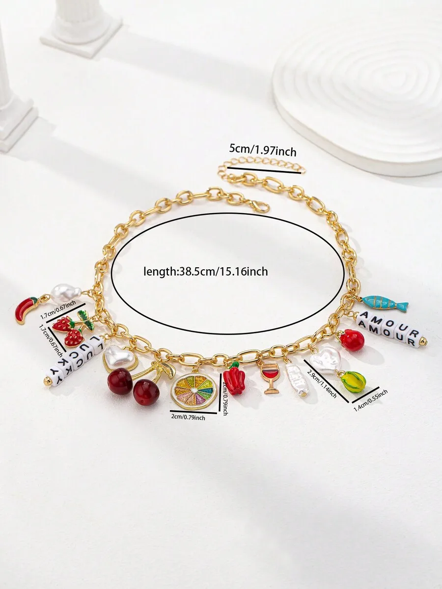 

Fruit-Themed Charm Necklace With Strawberry, Cherry, Chili, Heart, Wine Glass, Citrus Slice And Letter Pendants For Women Gift