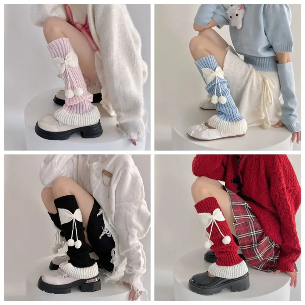 Calcetines de pierna japoneses JK Lolita Y2k, calcetines de pierna tejidos con lazo de Ballet, calcetines largos hasta la rodilla de Navidad Harajuku para mujer