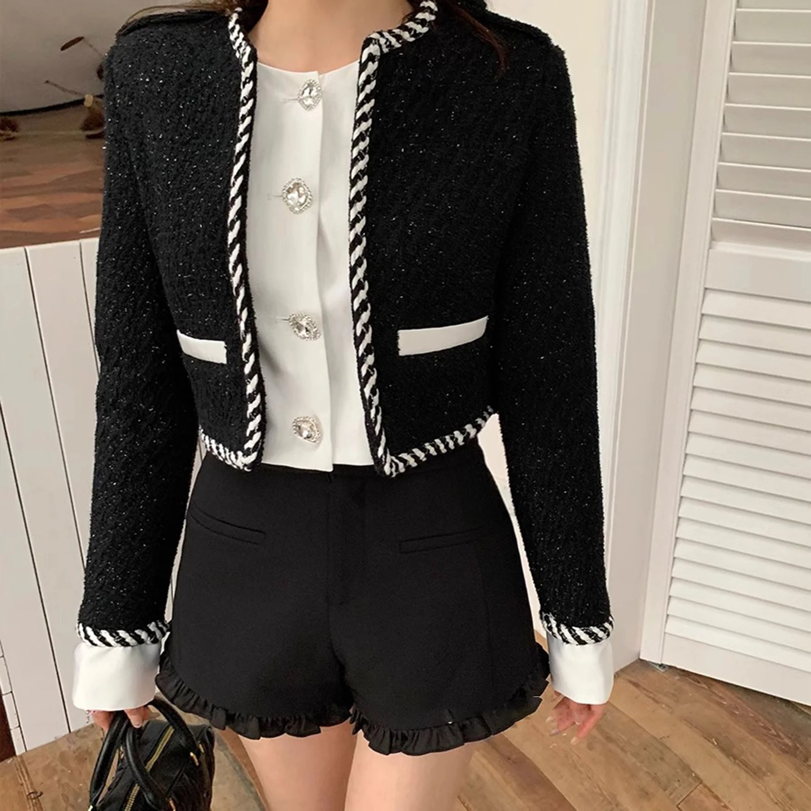 

Heavy Industry Contrast Patchwork Tweed Short Coat Luxury Diamonds Button Jacket Small Fragrant Casual O-neck Spring Autumn