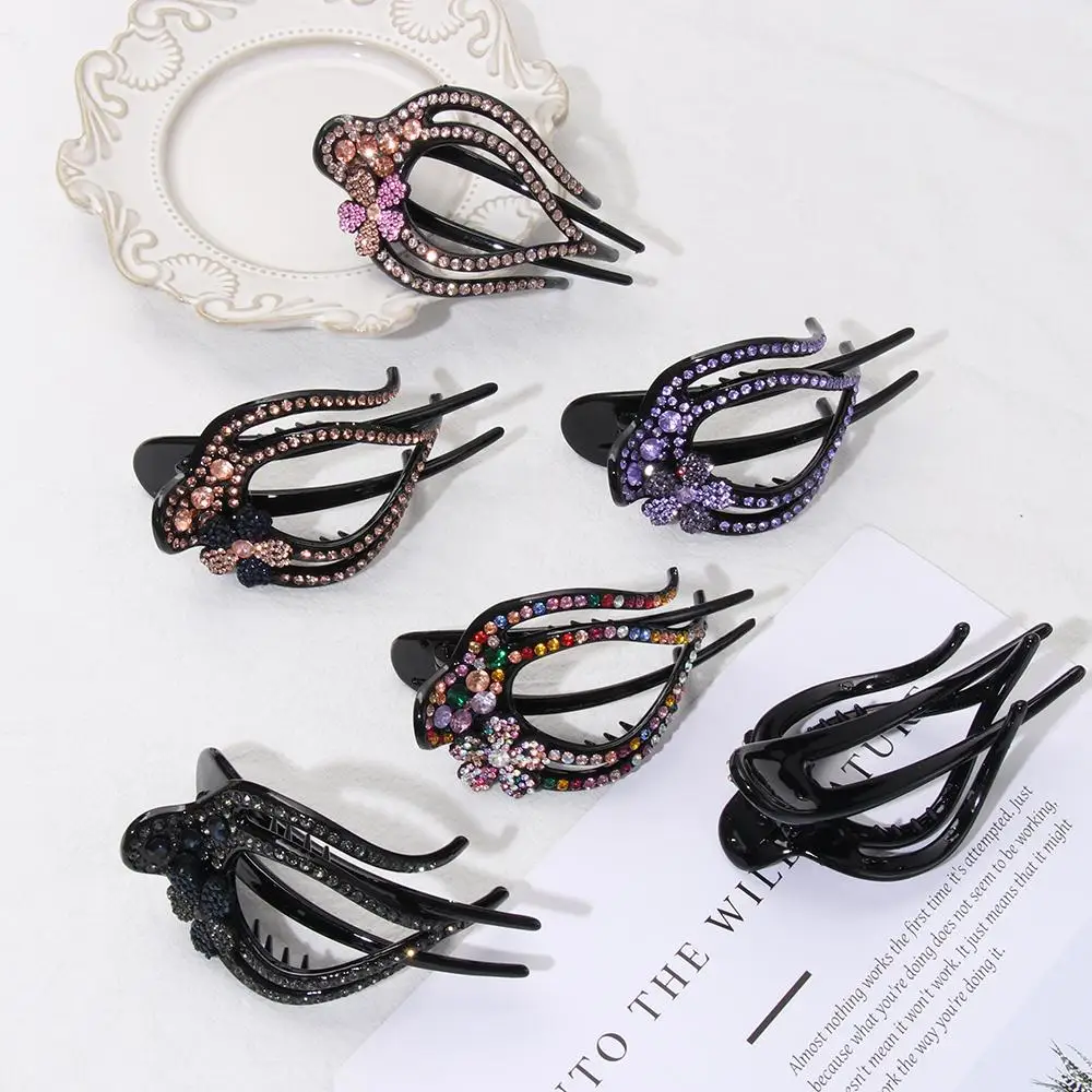 Fashion Women Hairpins Flexible Headwear Acrylic Heart  Flower Hollow Claws Rhinestone Hair Clip