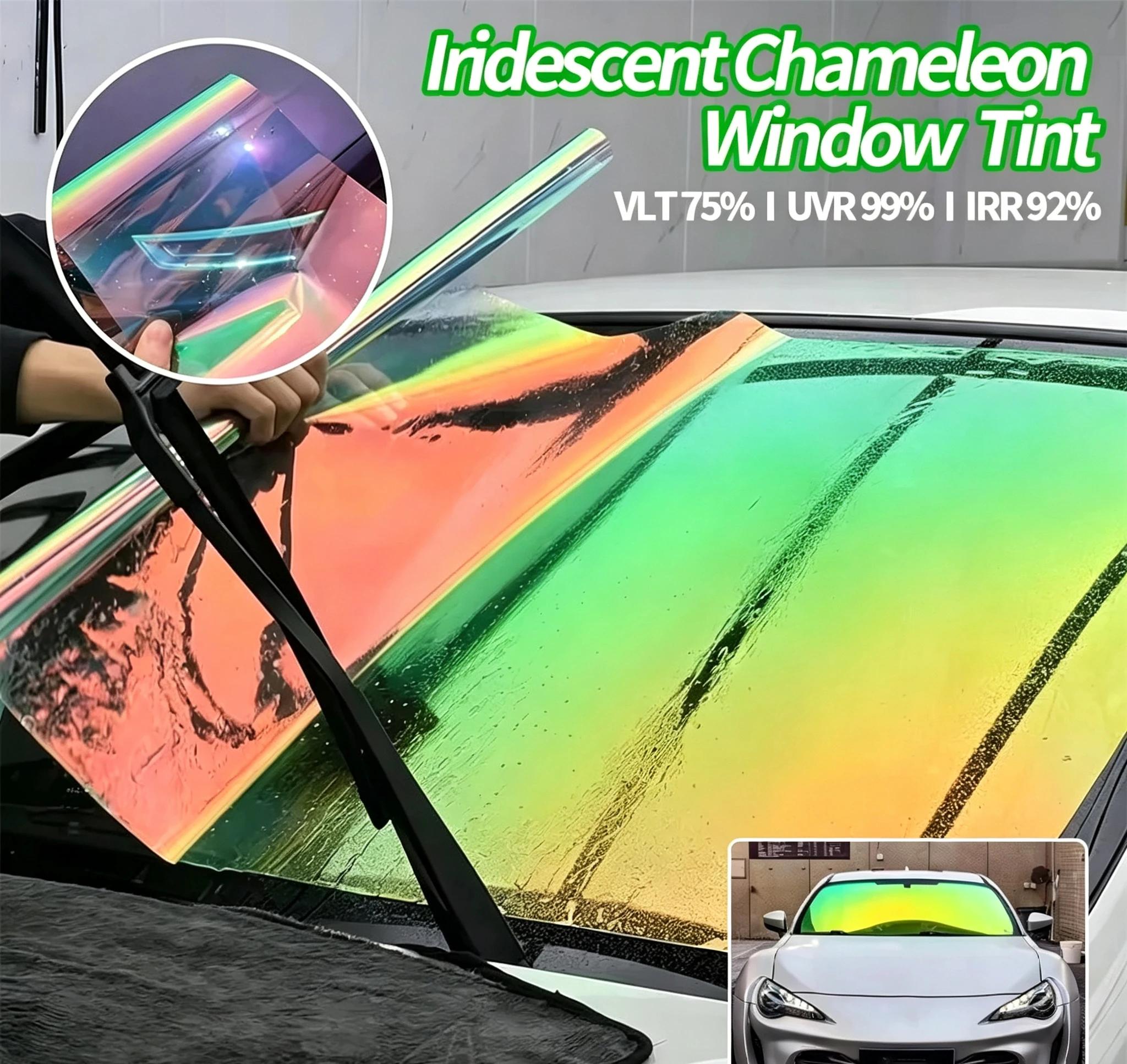 Iridescent Aurora Green Car Window Film, Color-Shift Chameleon Windshield Tint, UV Blocking Decorative Solar Tint
