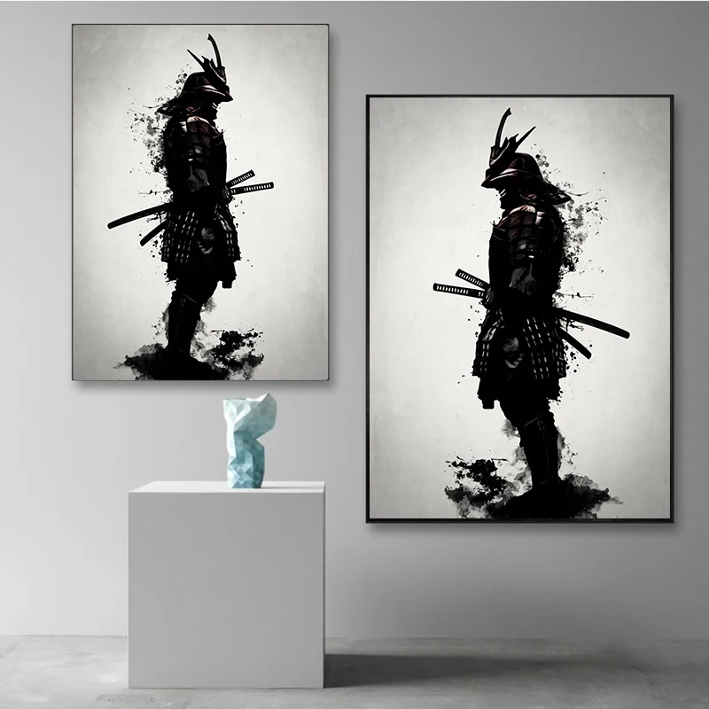 Black And White Japanese Armored Samurai Owl Raven And Skull Poster Prints Canvas Painting Wall Art For Living Room Home Decor