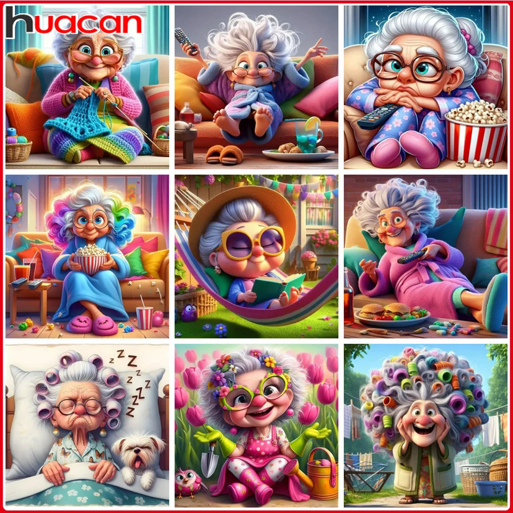 HUACAN Grandma Diamond Painting Old Lady Diamond Mosaic Colorful DIY 5D Wall Painting Home Decor