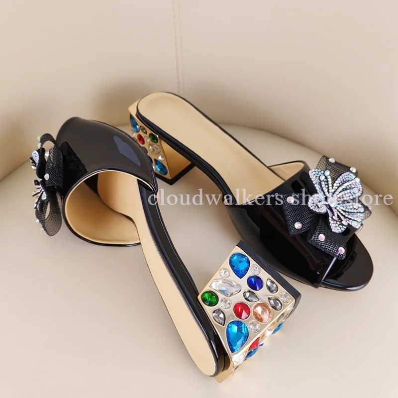 

French Elegant Square Heel Inlaid Multicolor Gemstones Slipper Fashion Mesh Bow 3D Rhinestone Flower Exquisite Versatile Slipper
