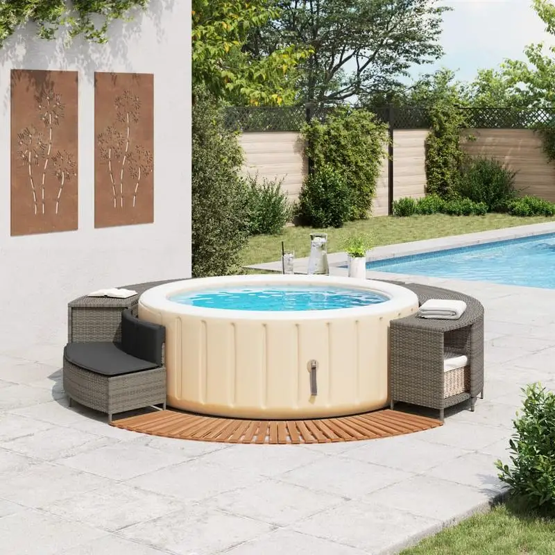 Whirlpool-Rand aus grauem Polyrattan und massivem Akazienholz