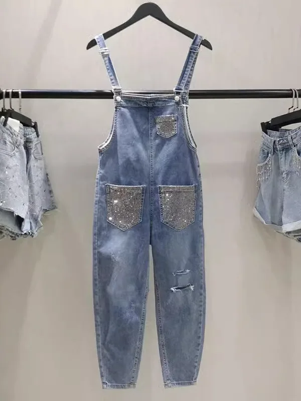 

High Waist Denim Overalls Women's Spring Summer New Drill Body Slimming Crop Pants Blue Jeans ACCIMAY Brand