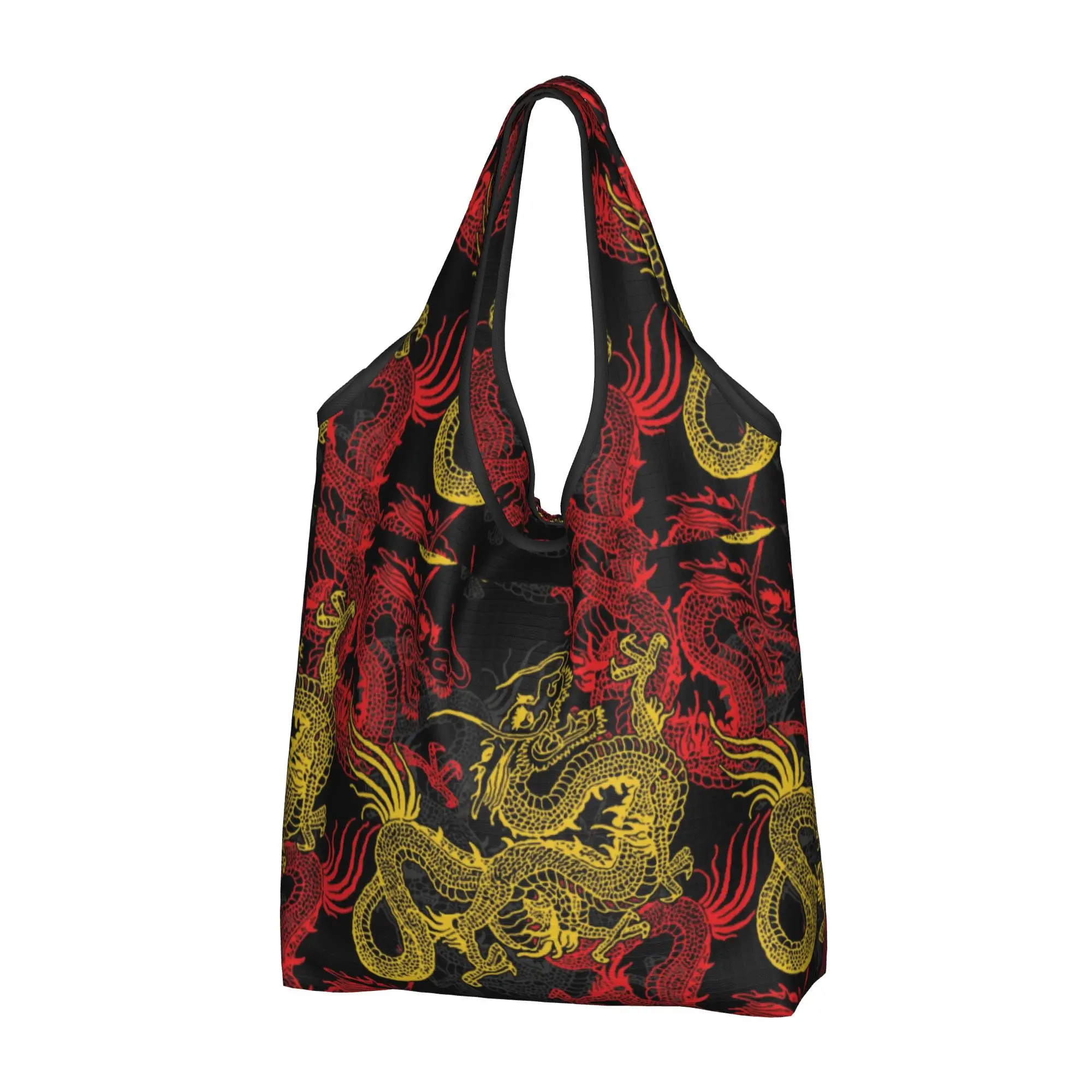 Custom Golden Chinese Dragon Pattern Shopping Bag Women Portable Big Capacity Groceries Oriental Mythical Shopper Tote Bags