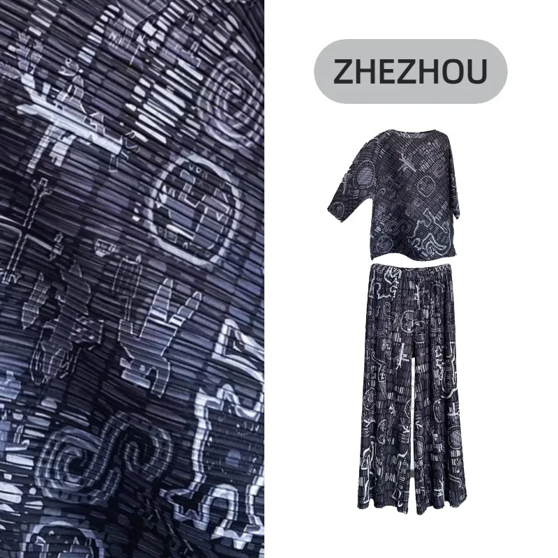 مياكي مطوي الكتابة على الجدران المطبوعة Plisse بنطلون مجموعة النساء 2025 فضفاض موضة رداء علوي غير رسمي السراويل قطعتين تصميم النساء الملابس #3
