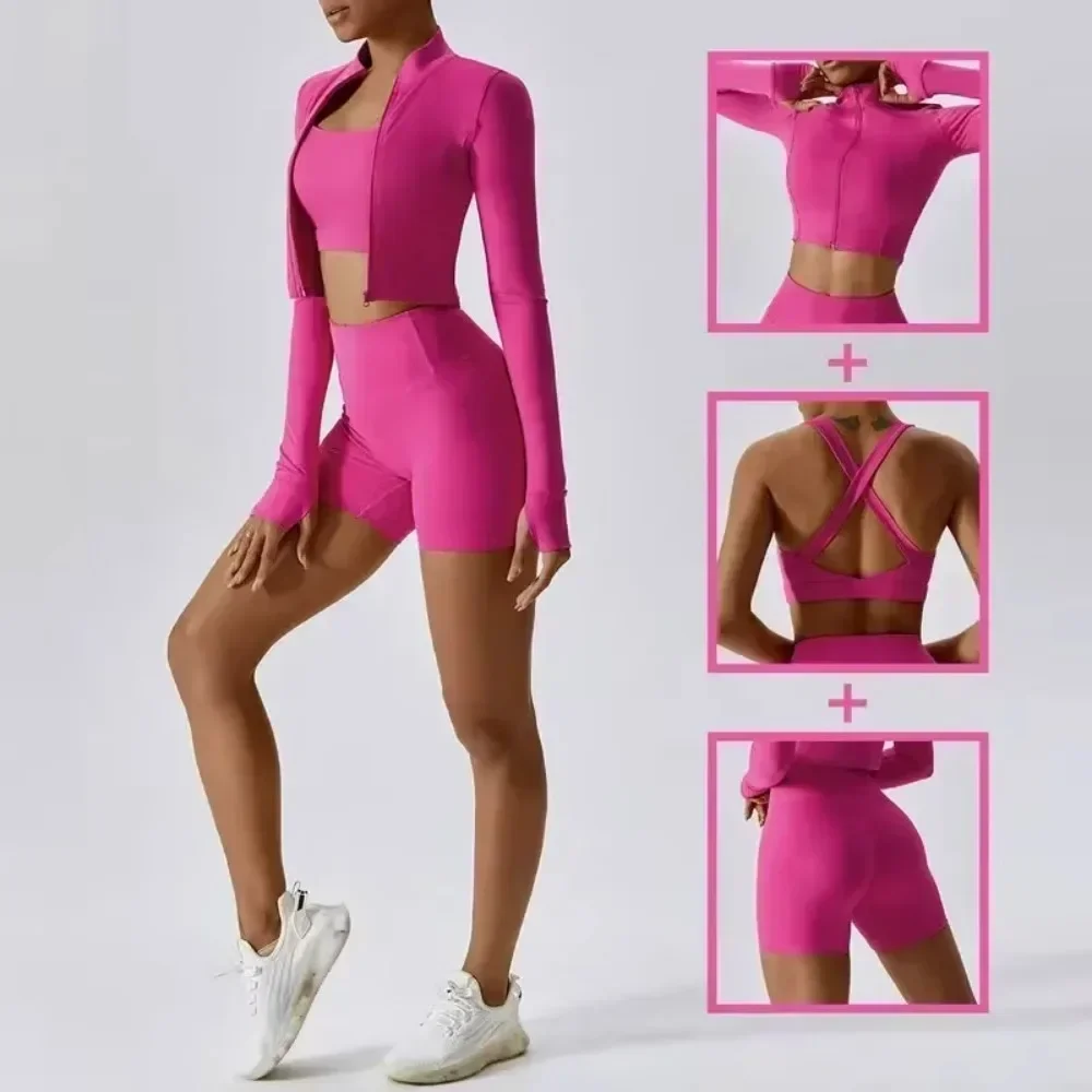 Conjunto de pantalones cortos de yoga de 3 piezas para mujer, pantalones de cintura alta, chaqueta con sujetador deportivo, traje de fitness, ropa