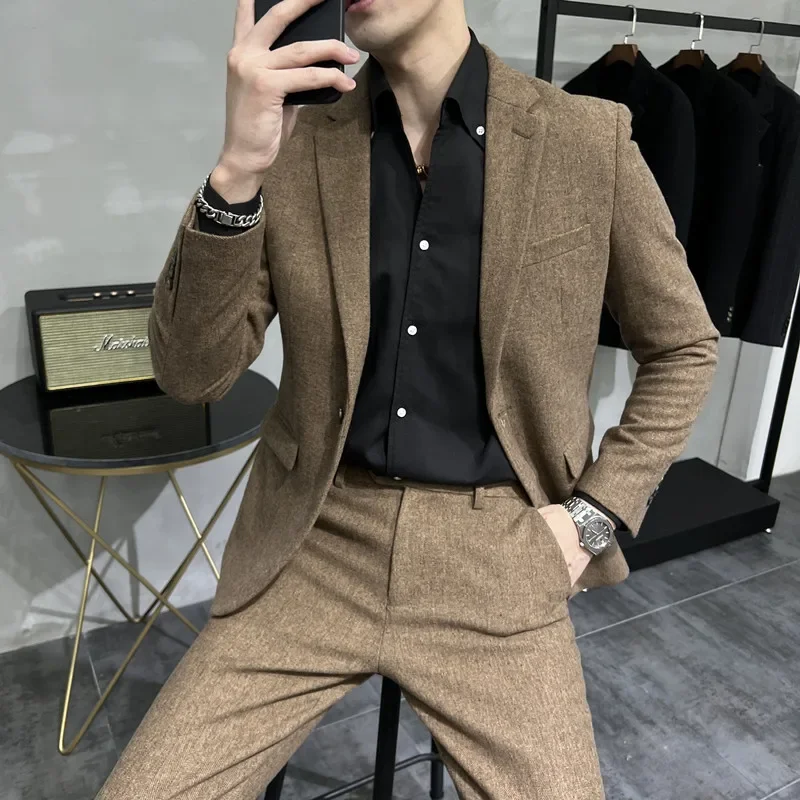 2023 Blazer (Blazer+ Pants) Fashion Gentleman Business Italian Style Solid Color Wool Thick Tweed Thickened Slim Men's 2 Piece