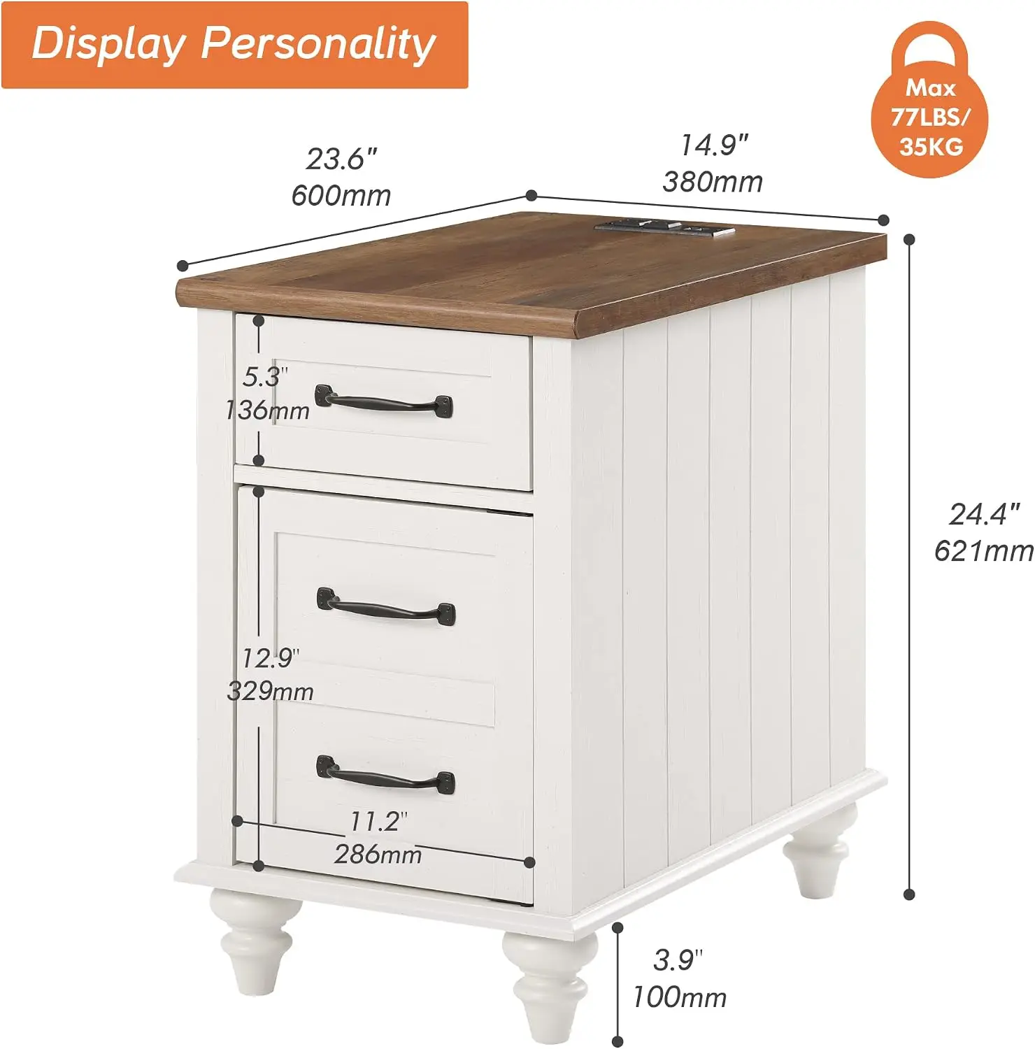 End Table with Charging Station, White Side Table with Storage Cabinet and Drawer, Wood Nightstand with Power Outlets & USB