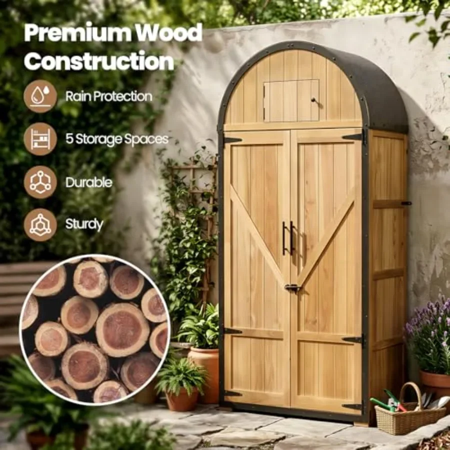 Outdoor storage shed for patio, backyard, lawn: solid wood metal frame, gray, waterproof with domed roof double doors, lockable