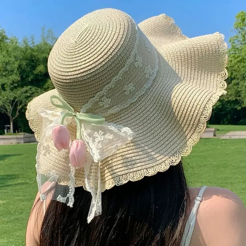 Women Wide Brim Straw Hat Summer Uv Protect Sun Hat Lace Bow Tulip Decor Beach Vacation Outdoor Casual One Size Multiple Colors