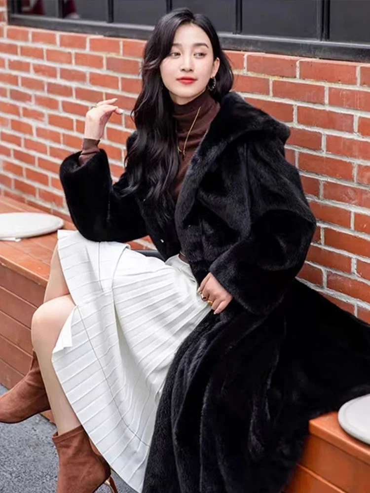 Fluffy Faux Fur Coats With Hoodies Belt Women Loose Thickened Long Sleeved Jackets Female Autumn Winter Soft Warm Black Tops