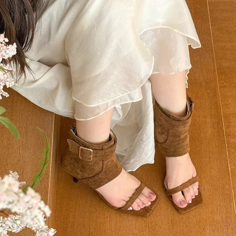 Retro Summer New Square Toe Open Toe High Heel Cold Boots Women's Metal Buckle Non-slip Wear-resistant Stiletto Shoes view 5