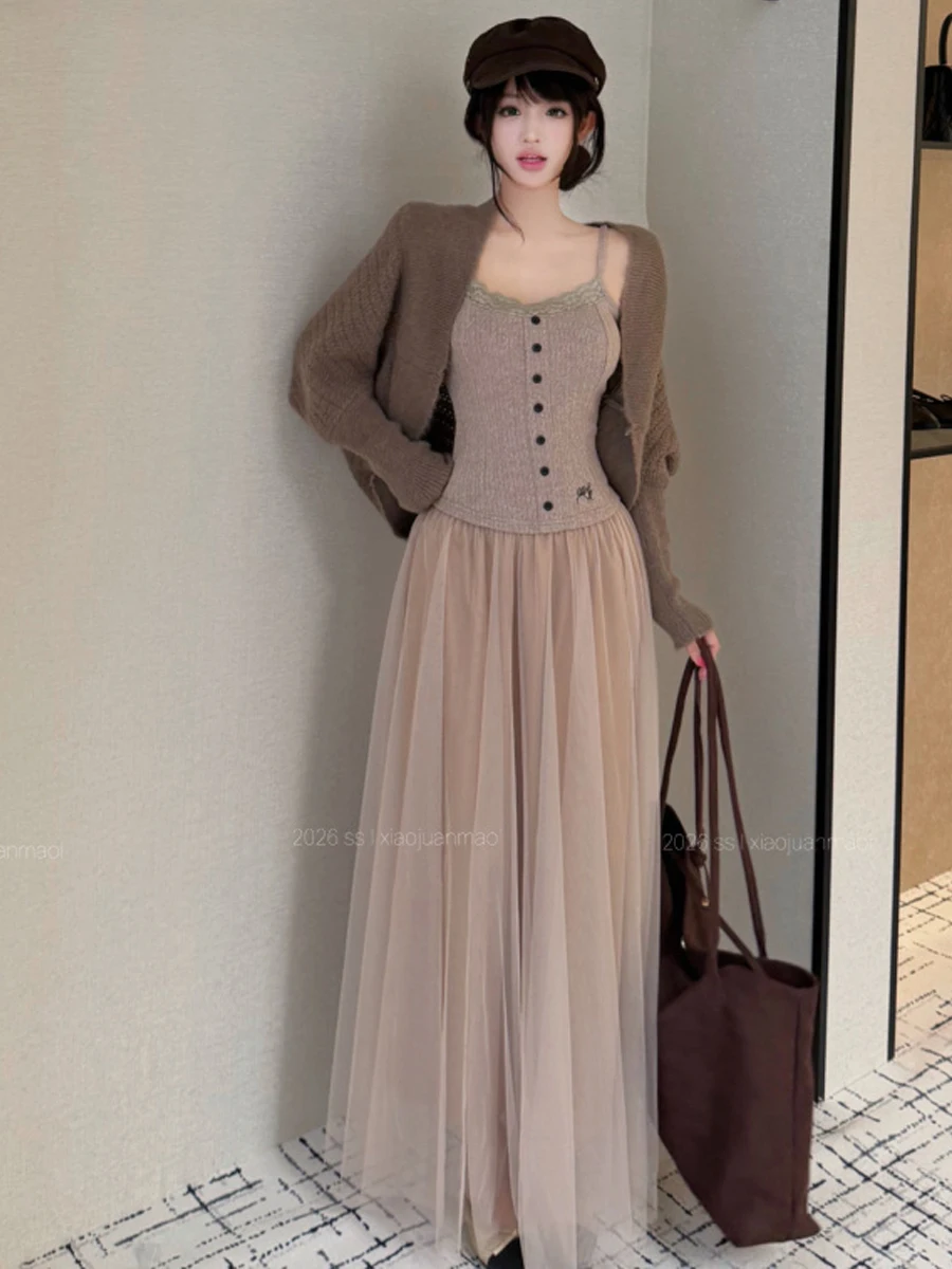 Sweet Pure Knitted Batwing Sleeve Design Sense Jacket Lace Embroidery Waist Cinched Strap Top Mesh Long Skirt Set Women's Fas...