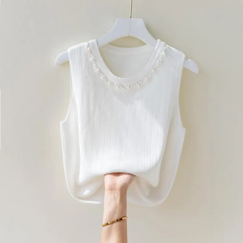 Ice Silk Tank Top Women\'s White Sleeveless Bottom Beaded Small Fragrant Knit Top Cute  Korean Fashion Clothing Tank Top Women