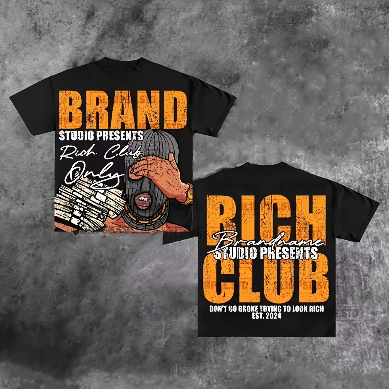 Camiseta con estampado gráfico Y2K para hombre y mujer Bold BRAND STUDIO Rich Studio Club Lettering Negro con diseño naranja blanco Manga corta