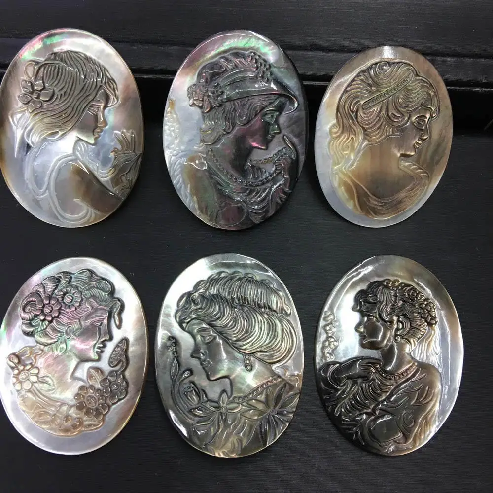 10pcs 30*40mm Black Shell Carved The Virgin Mary Oval Cameo Cabochon Undrilled Shell Stone CABs DIY Shell Stuffs Findings