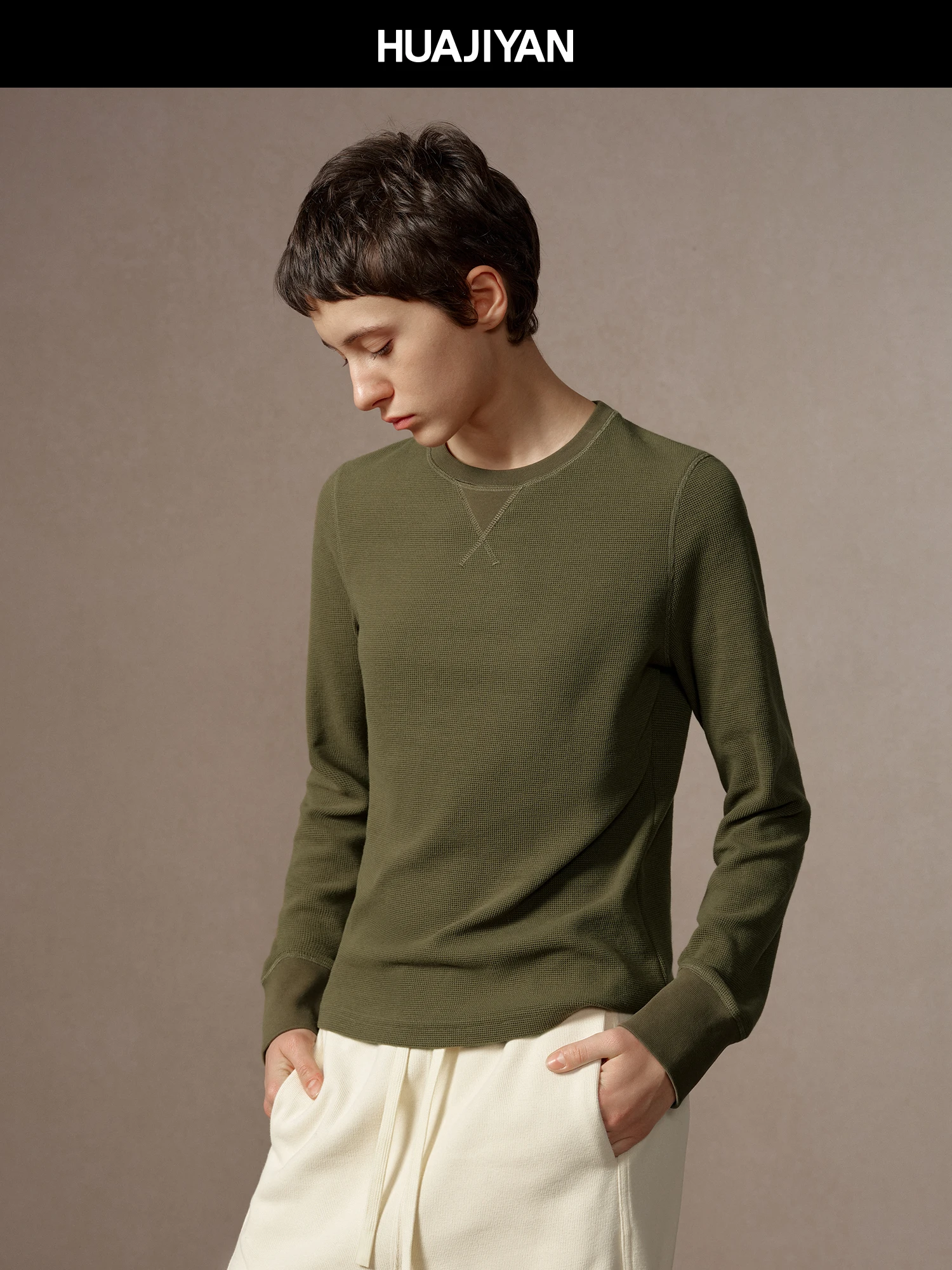 

HuaJiYan Mixed Fiber round Ne Sweatirt Casual Texture Wfle Pattern Ladies Stand Fit Winter Collection Polyester 65% ...