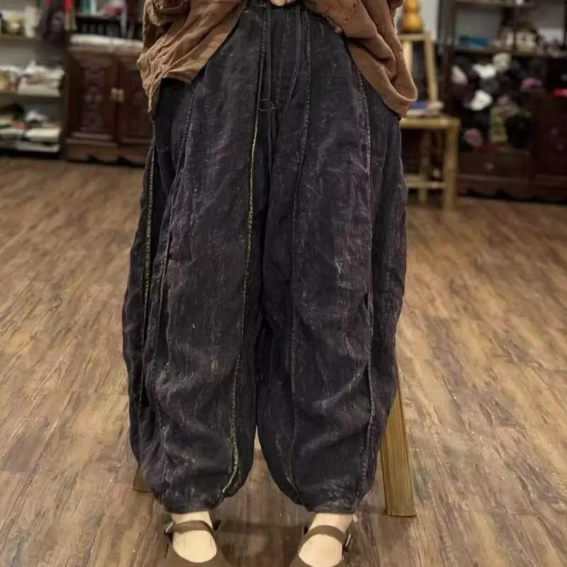 New Spring Summer Arts Style Women Elastic Waist Loose Full Length Pants All-matched Casual Linen Wide Leg Pants High Quality