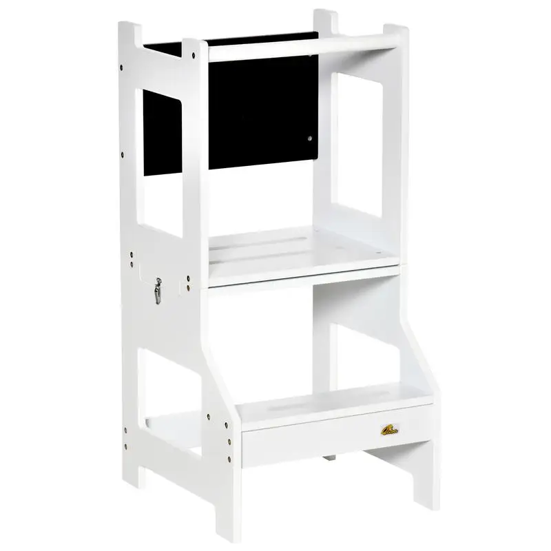 

2-in-1 Kids Kitchen Step Stool with Chalkboard & Safety Rail for Home Use in Kitchen, Bathroom, Bedroom, White