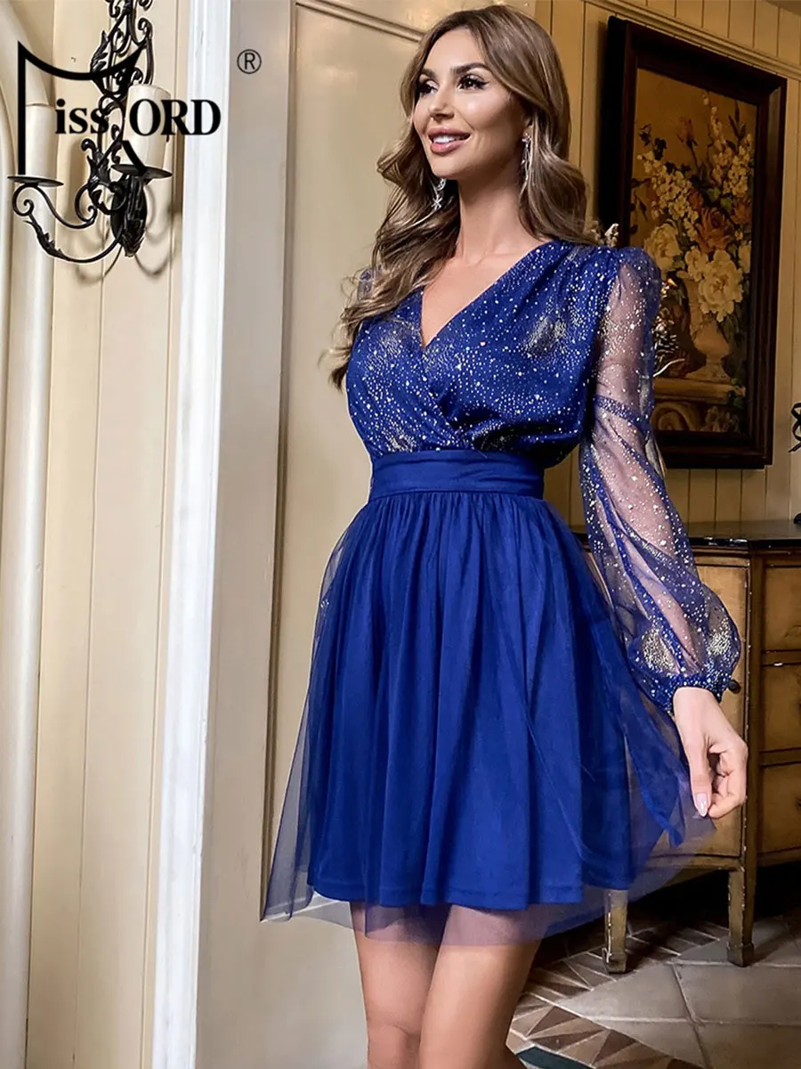 Missord Glitter Blue Mini Tulle Dress Women Deep V Neck See Through Lantern Sleeve Short Casual Party Dresses Ball Gown