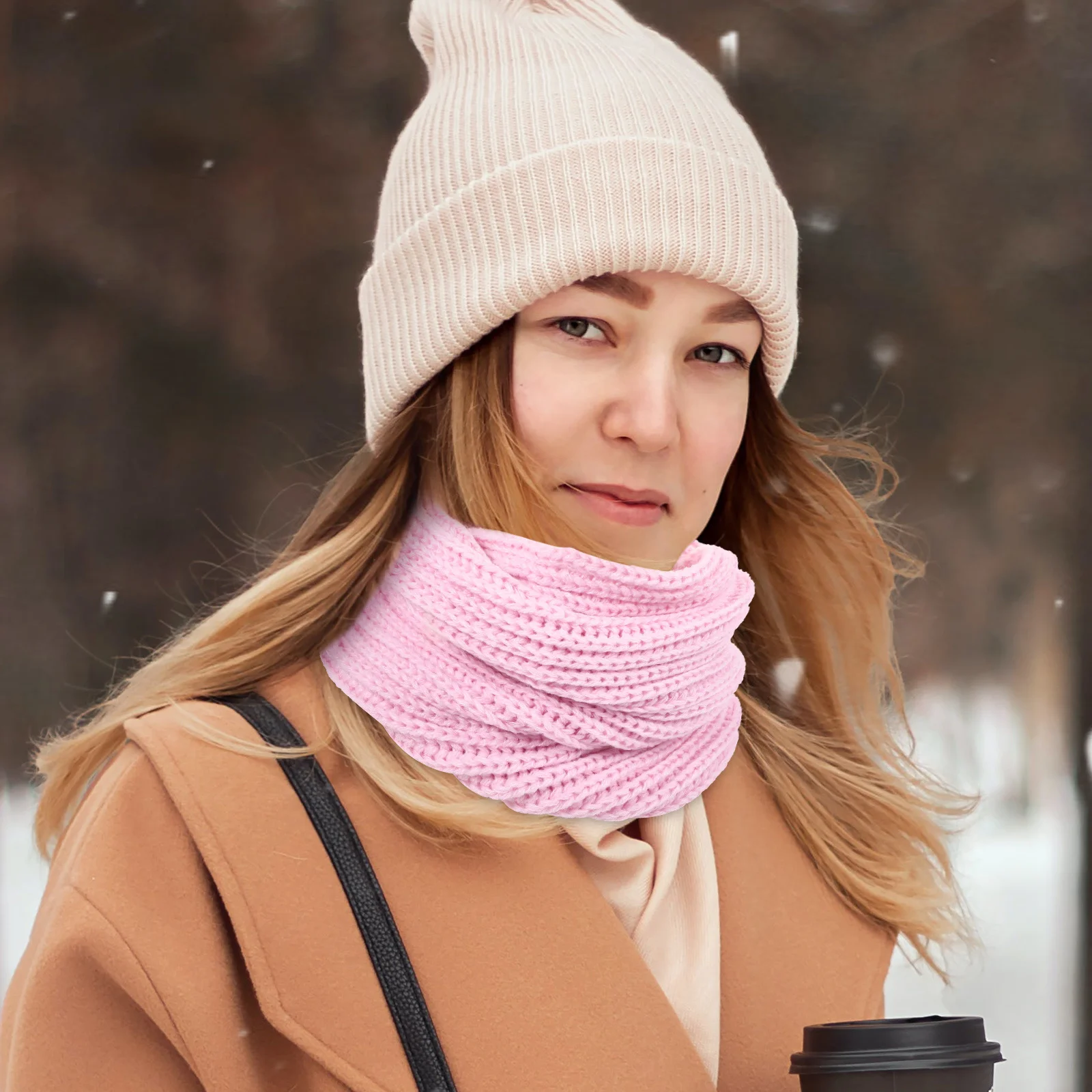 

Pink Women Winter Warm One Circle Knit Wool Blend Scarf Shawl Thick Neckerchief Neck Scarf for Stylish Cold Weather