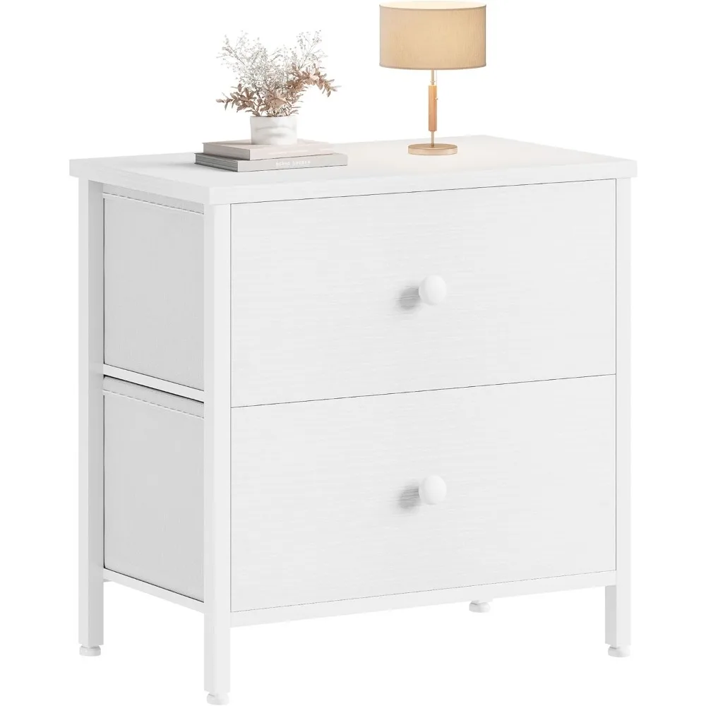 

White Nightstand 2 Drawer for Bedroom,Small Night Stand with Fabric Drawers End Table Modern