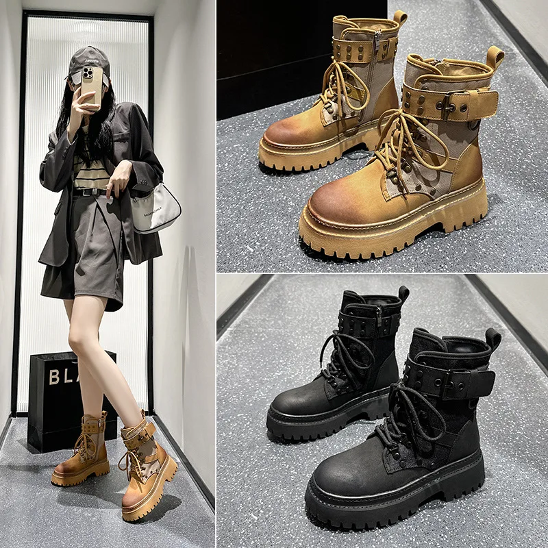 

Outdoor Thick Heel Thick Sole 2025 Retro British Style Leather Black Women's Willow Nail Short Cool Tooling Boots