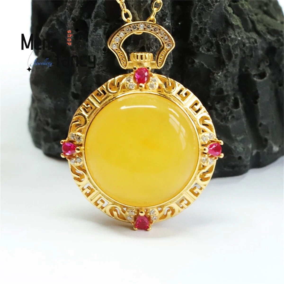 Natural S925 Silver Inlaid Honey Wax Amber Full of Chicken Oil Yellow Large Round Pendant Necklace Fashion Luxury Women Jewelry