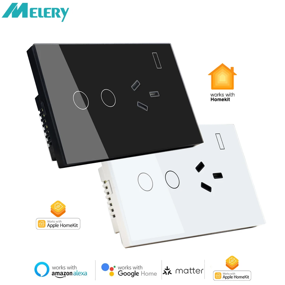 

Melery Matter Smart WiFi AU Plug Wall Socket with 1/2gang Light Switch Glass Panel Remote via Homekit Alexa Google Home