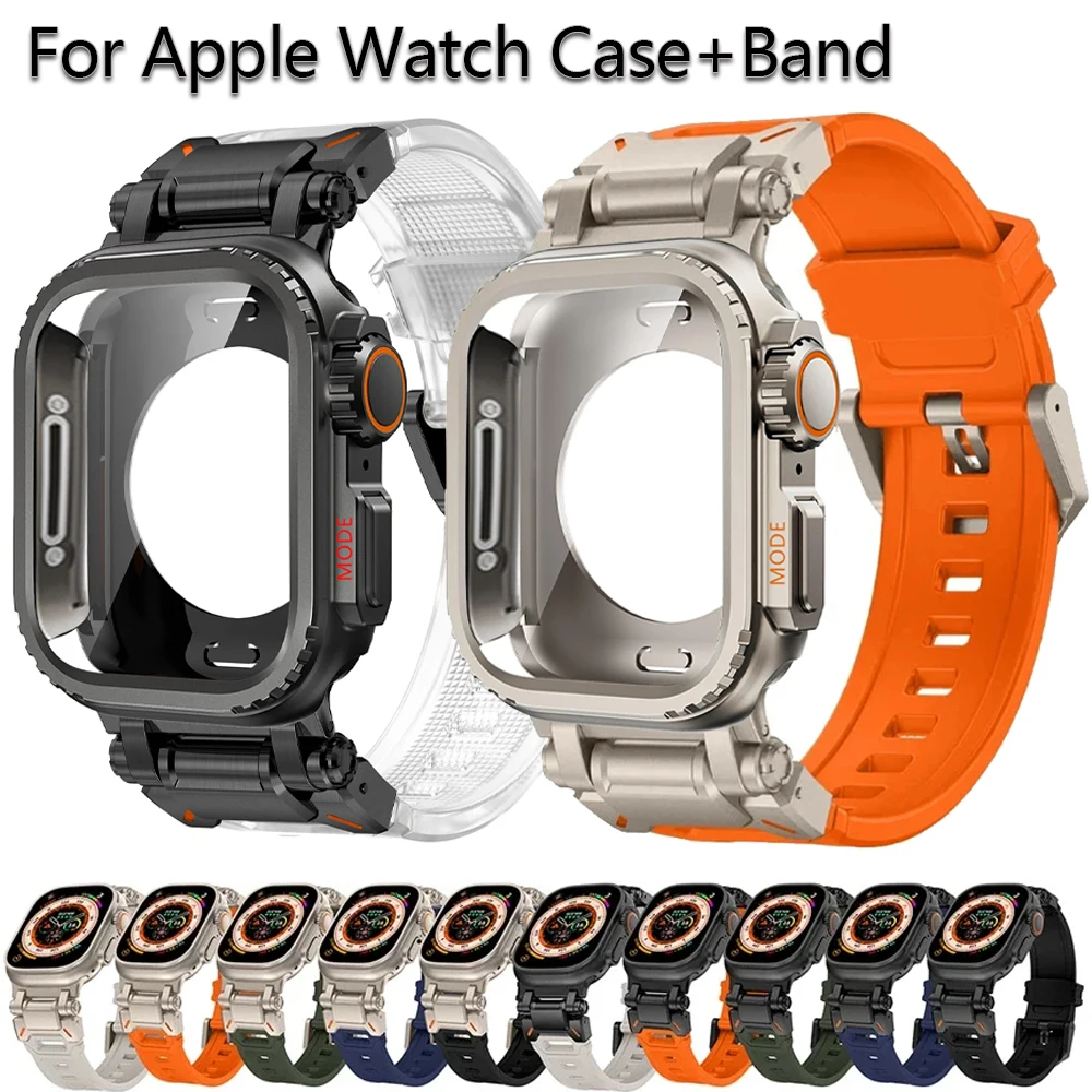 

Metal Case+Rubber Strap for Apple Watch 44mm 45mm Upgrade Ultra 2 Band 49mm Silicone Bracelet for IWatch Series 9 8 7 6 SE 5 4