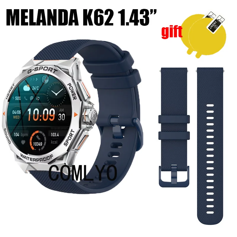 For MELANDA K62 1.43” Smart Watch Strap Soft Silicone Belt  Watchband women men Screen Protector Film Accessories