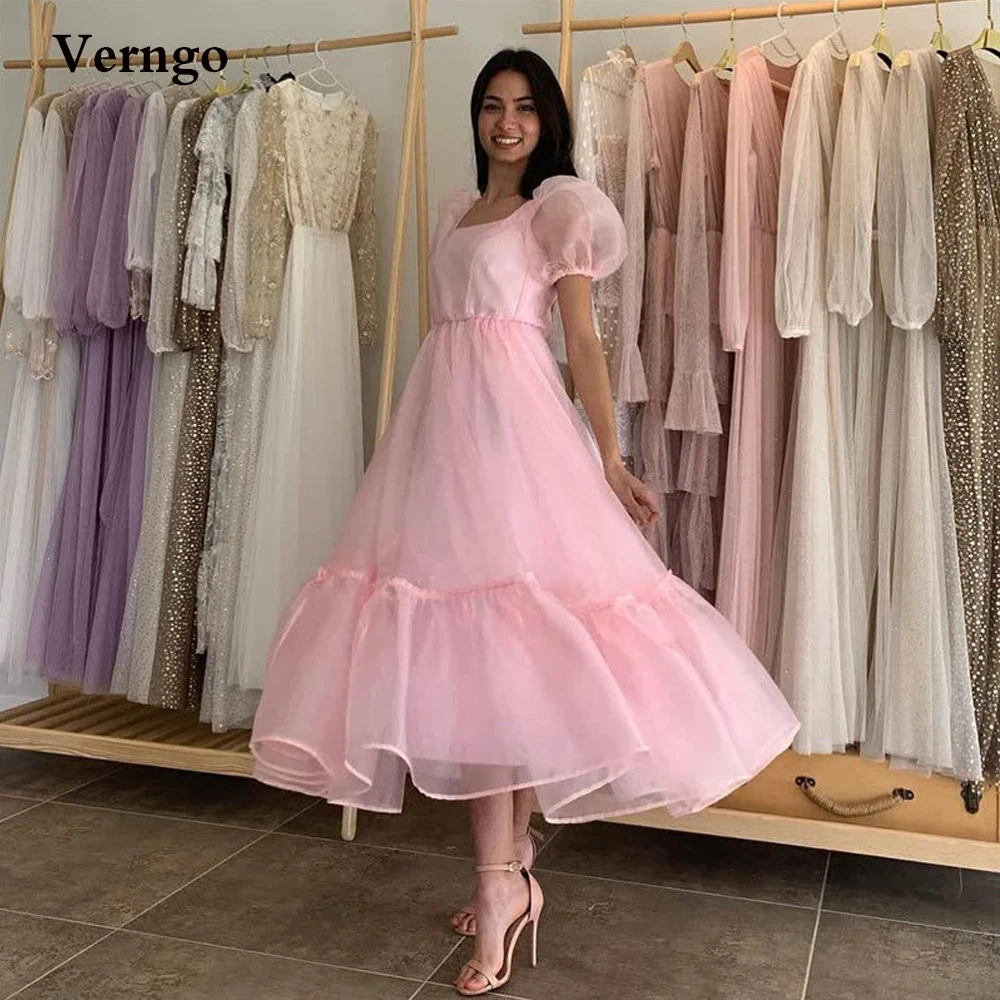 

Verngo Pink A Line Organza Prom Dresses Short Puff Sleeves Square Neck Tea Length Evening Party Gowns Bride Robe de soiree