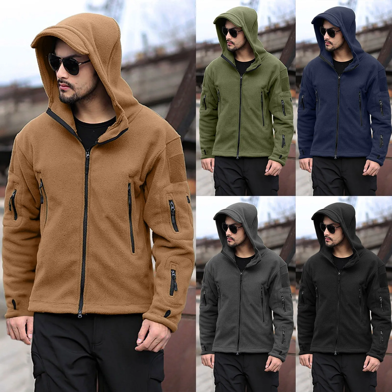 

Winter Fleece Jacket Men's Military Tactical Jacket Solid Warm Fleece Coats with Hat Outdoor Sports Combat Hiking Polar Jacket