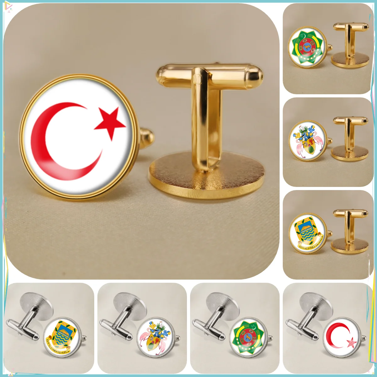 Turkey Turkmenistan Turks and Caicos Islands Tuvalu National Emblem Flag Cufflinks