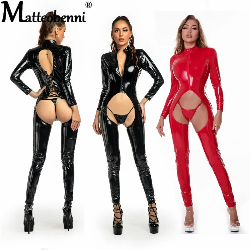 Erotic Sexy Crotchless Latex Bodysuit Double Zipper Jumpsuit  for Hot Women Breast Exposing Open Crotch Leather Catsuit Lingerie