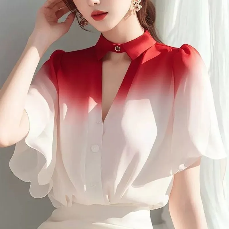 Ladies Fashion Loose Chiffon Gradient Color Blouse Tops Simplicity Elegant Trend Summer Popular and Unique Small Shirts Women's