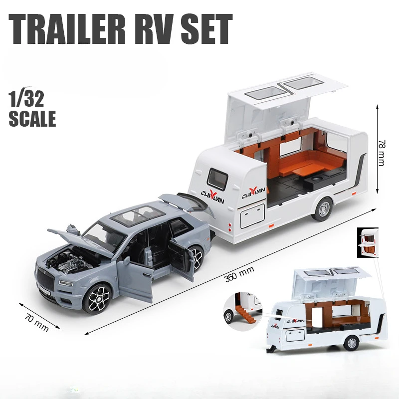 Simulation 1:32 Alloy Rolls Royce Cullinan Trailer RV Set Sound Light Collective Voiture Miniature Children Boys Diecast Car Toy