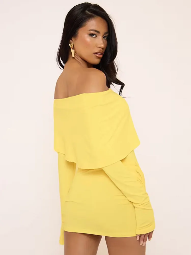 EOENKKY Off-shoulder Long Sleeve Sexy Mini Dress Women Fashion Strapless Backless Draped Ruched Club Party Dresses Female