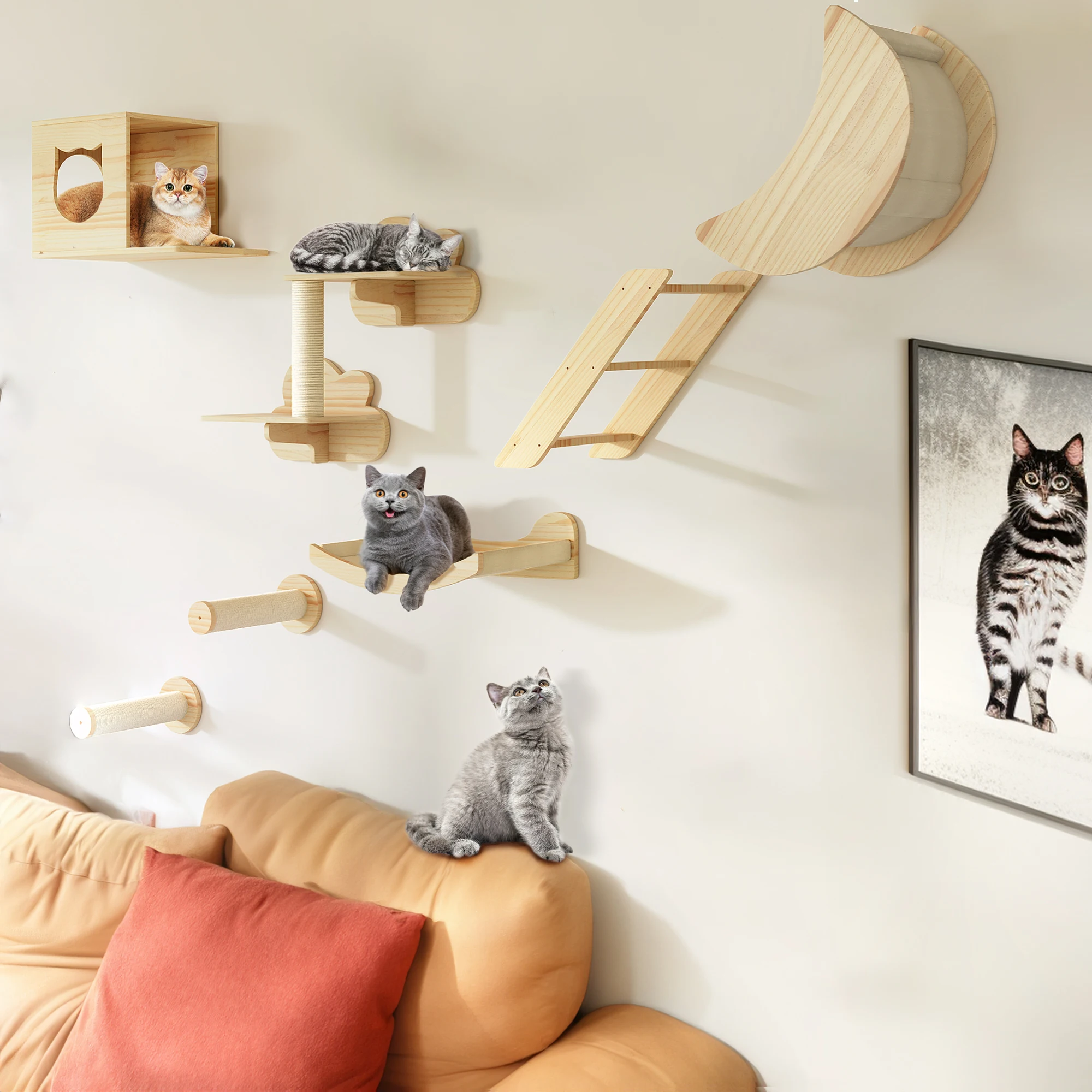 8Pcs/Set Wall Mounted Cat Furniture Cat Wall Shelves w/ Cat Perch Condo Hammock