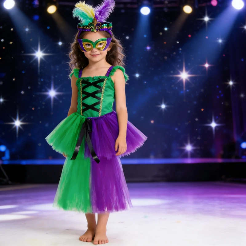 Purple Green Carnival Party Princess Tulle Skirts Outfit for Girls High Low Mardi Gras Tutu Skirt with Glittery Mask Long Trail